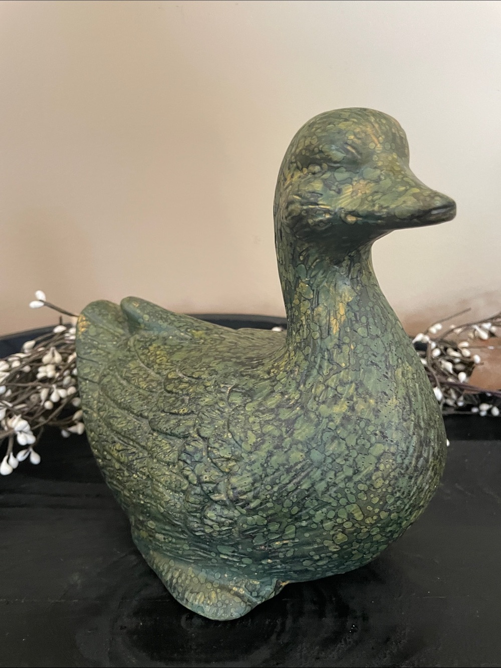 Hand Painted Rustic Green Duck Ceramic Sculpture - Decorative Home Accent-8”x8”